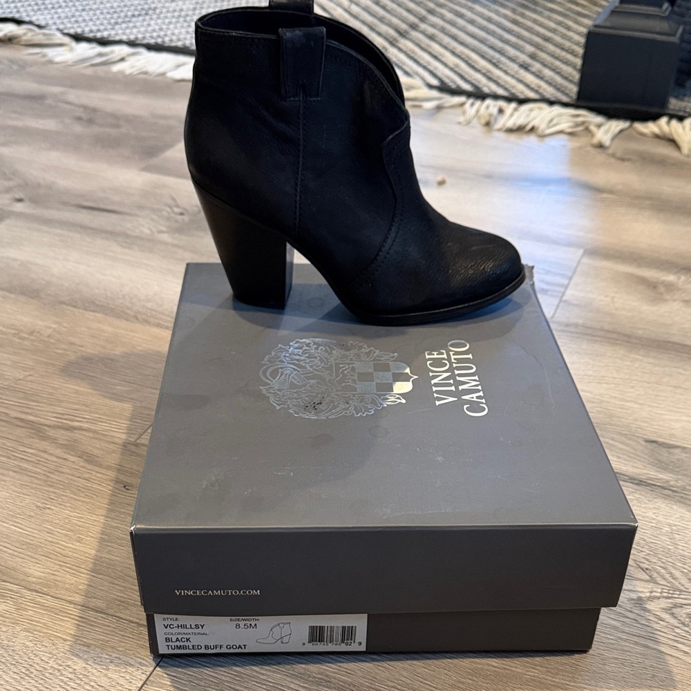 Vince Camuto Black Leather Hillary Ankle Bootie with Block Heel